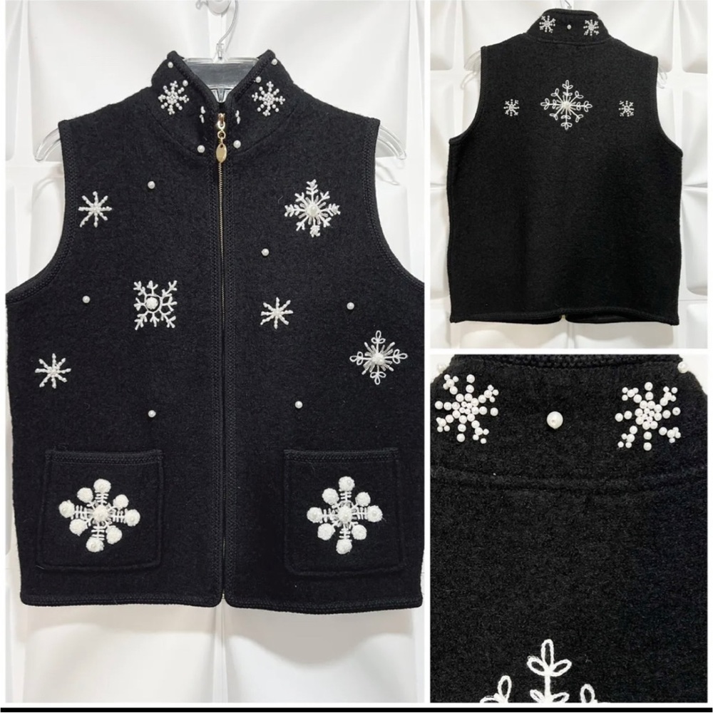 Lisa International Sz M 100% Boiled Wool Black Pearl Snow Zip Up Vest Sweater